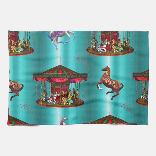 Carousel Horses on Blue Tea Towel (Horizontal)