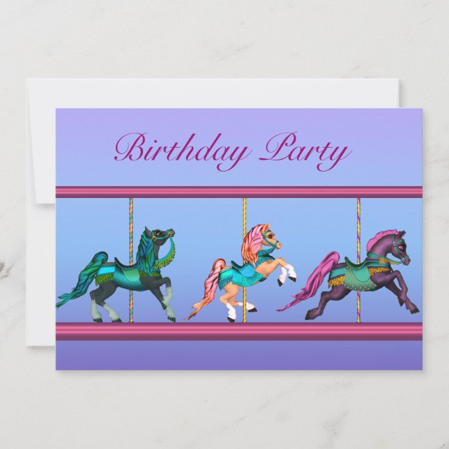Carousel Horses Pink & Purple Girls Birthday Party Invitation (Front)