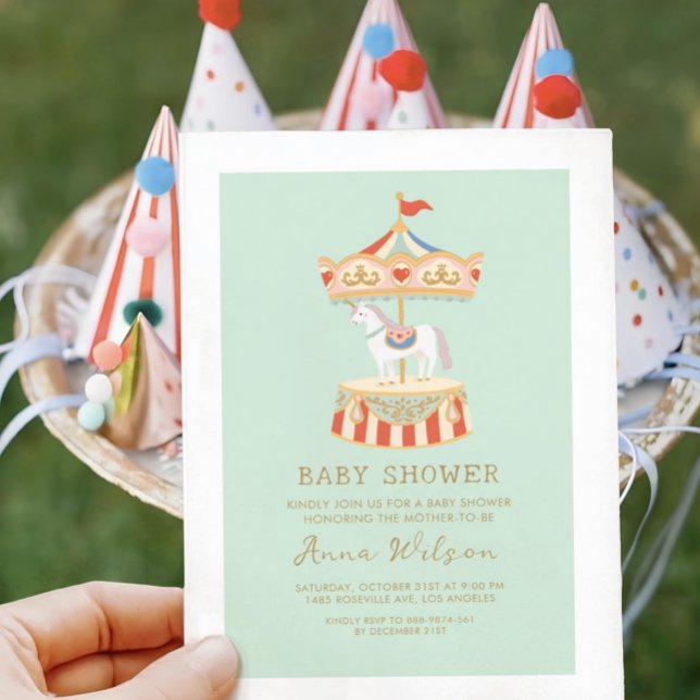 Carousel Pastel Sage Green Cute Baby Shower  Invitation (Creator Uploaded)