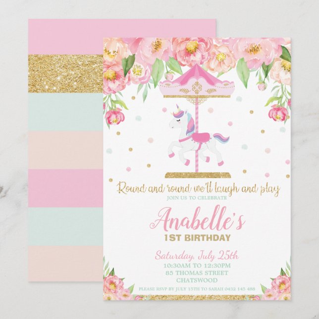 Carousel Unicorn 1st Birthday Pink Floral Girl Invitation (Front/Back)
