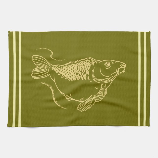 Carp Angling Fisherman Khaki Green Fishing Tea Towel (Horizontal)