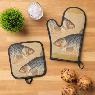Carp fish fishing painting freshwater drawing oven mitt & pot holder set