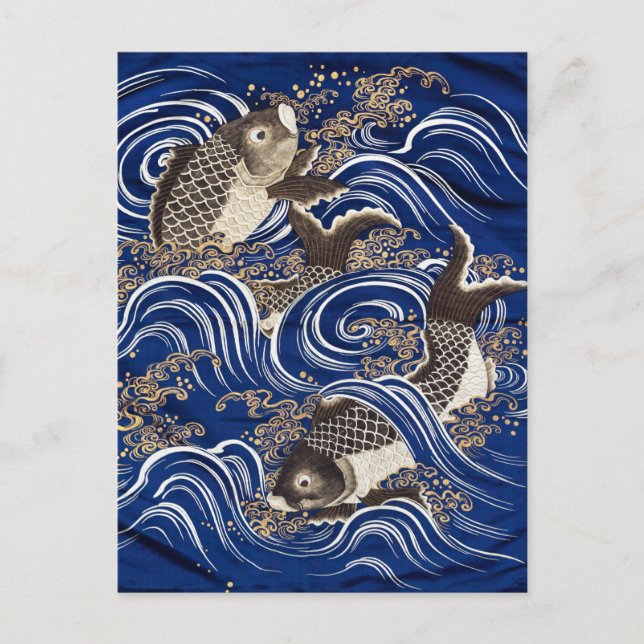 Carp in Waves Japanese Koi Fish Silk Tapestry Art, Postcard (Front)