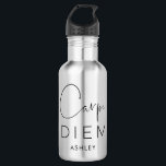 CARPE DIEM | Black Hand Lettered Name Typography 532 Ml Water Bottle<br><div class="desc">Sieze the day! This is it! Make your life extraordinary! Black and silver water bottle with "Carpe Diem" in two fonts: a gorgeous,  sexy hand-lettered script calligraphy typography,  and a beautiful,  light,  elegant sans serif. Personalised with name below. Stylish. Modern. Gorgeous!</div>