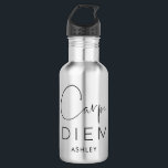 CARPE DIEM | Black Hand Lettered Name Typography 532 Ml Water Bottle<br><div class="desc">Sieze the day! This is it! Make your life extraordinary! Black and silver water bottle with "Carpe Diem" in two fonts: a gorgeous,  sexy hand-lettered script calligraphy typography,  and a beautiful,  light,  elegant sans serif. Personalised with name below. Stylish. Modern. Gorgeous!</div>
