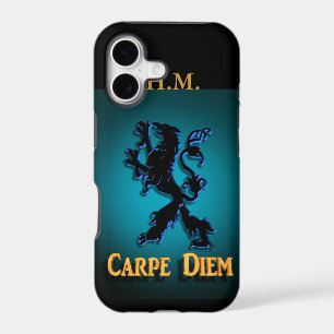 "Carpe Diem" Iphone case with black and blue Lion.