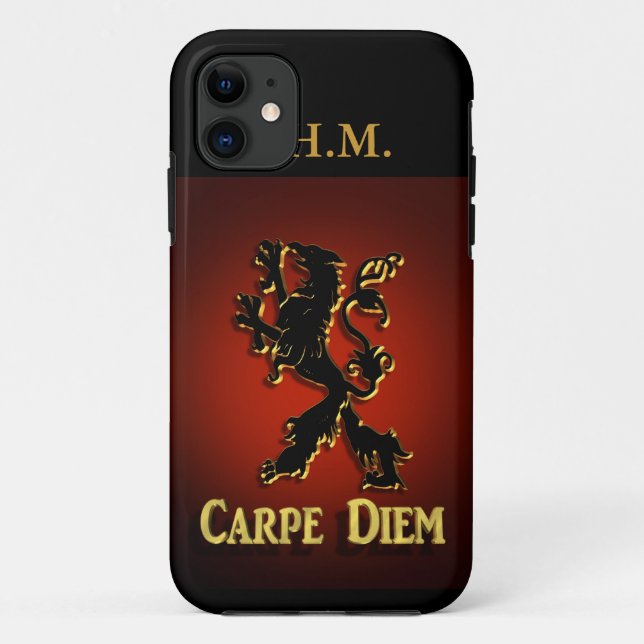 "Carpe Diem" Iphone case with black and red Lion. (Back)