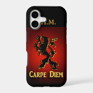 "Carpe Diem" Iphone case with black and red Lion.