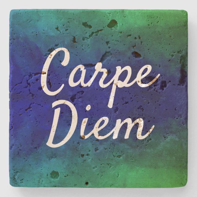 Carpe Diem Motivational Quote Blue & Green Ombre Stone Coaster (Front)