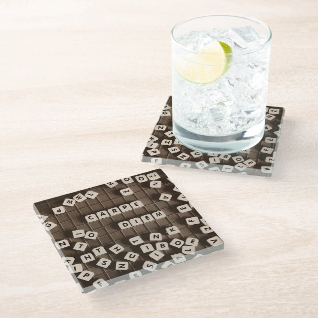 Carpe Diem Scrambled Letter Tiles Glass Coaster (Angled)
