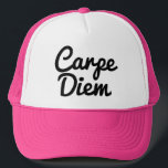 Carpe Diem seize the day custom colour trucker hat<br><div class="desc">Carpe Diem seize the day custom colour trucker hat. Trendy hand lettered typography cap in pink and other colours. Stylish script text design. Great for summer,  beach,  party,  boating,  sailing and more.</div>
