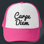 Carpe Diem seize the day custom colour trucker hat<br><div class="desc">Carpe Diem seize the day custom colour trucker hat. Trendy hand lettered typography cap in pink and other colours. Stylish script text design. Great for summer,  beach,  party,  boating,  sailing and more.</div>