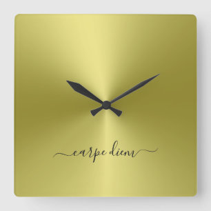 Carpe Diem Yellow Metallic Style Acrylic Square Wall Clock