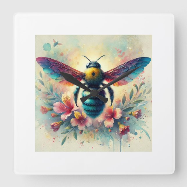 Carpenter bee peacock 210924AREF130 - Watercolor Square Wall Clock (Front)