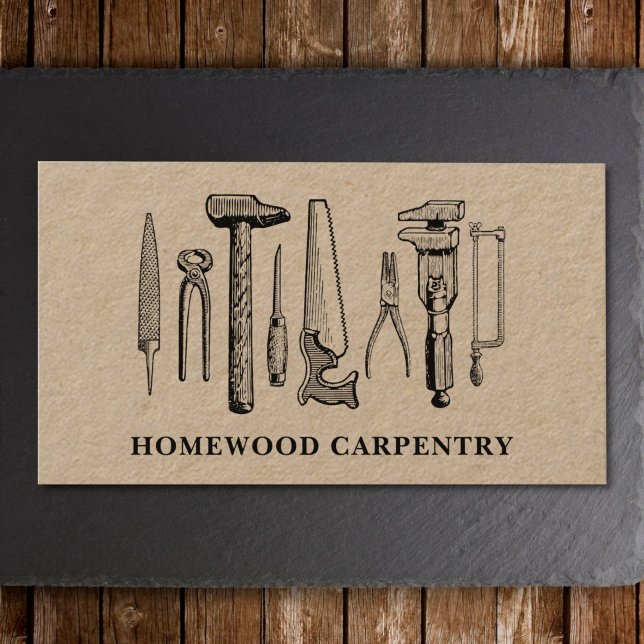 Carpenter Carpentry Tools Rustic Vintage Kraft Business Card (Rustic carpentry business card with natural materials in the background)