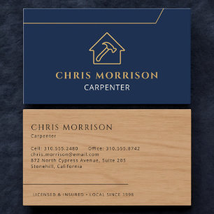 Carpenter Carpentry Wood Navy Blue Gold Business Card