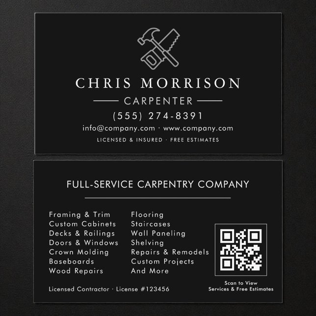Carpenter Construction Black Silver QR Code Business Card (Creator Uploaded)
