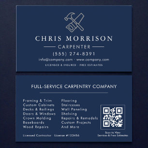 Carpenter Navy Blue Silver QR Code Business Card