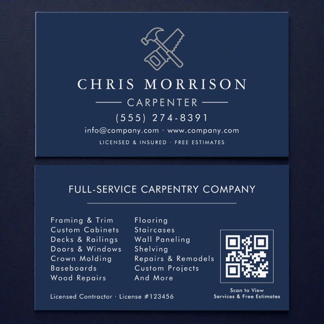 Carpenter Navy Blue Silver QR Code Business Card (Creator Uploaded)