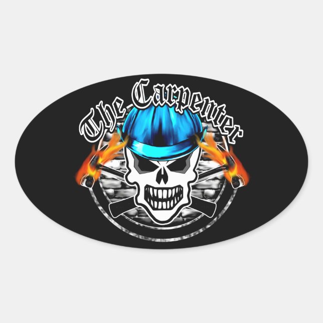 Carpenter Skull and Blue Hard Hat Oval Sticker (Front)