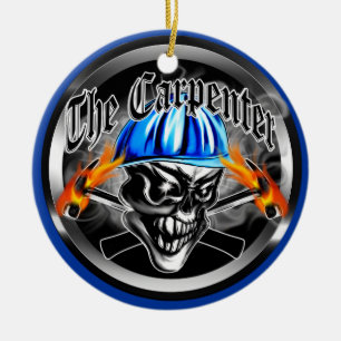 Carpenter Skull with Blue Hard Hat Ceramic Tree Decoration