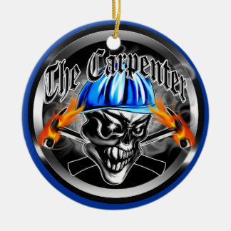 Carpenter Skull with Blue Hard Hat Ceramic Tree Decoration
