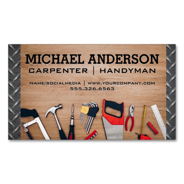Carpenter Tools on Wooden Table | Metal Steel Magnetic Business Card (Front)
