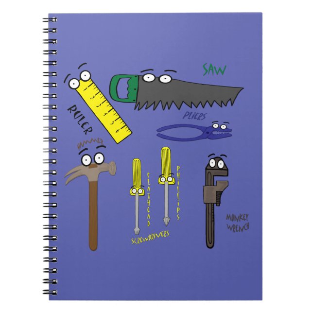 Carpenter Tools Whimsical Cartoon Art Spiral Notebook (Front)
