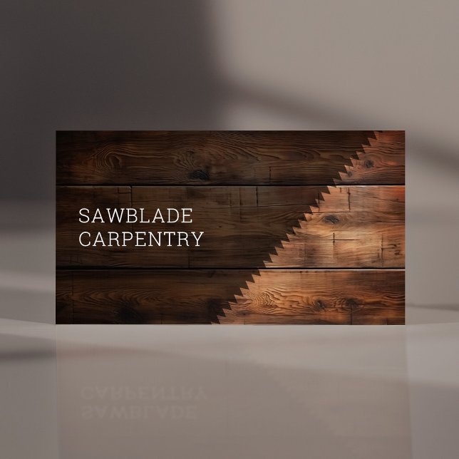 Carpentry Construction Wooden rustic timber saw Business Card (Modern dark wood planks photography with a hand saw, for carpenters or construction trade builders.)