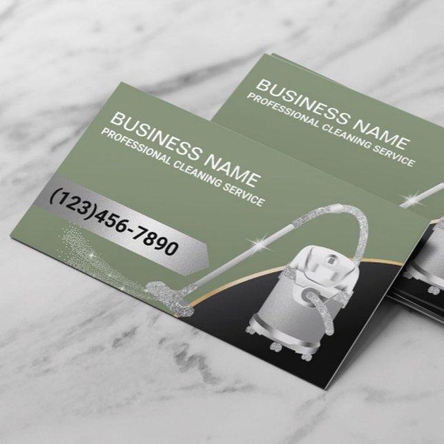 Carpet Cleaning Silver Vacuum Cleaner Green Business Card (Creator Uploaded)
