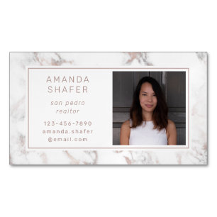 Carrara Marble Faux Rose Gold Photo Magnetic Business Card