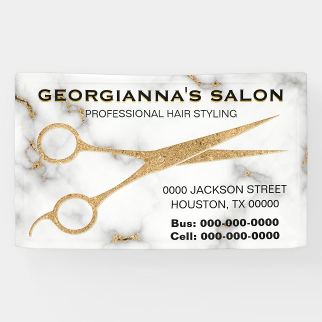 Carrara Marble Gold Scissor Hair Stylist Address Banner (Horizontal)