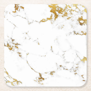 Carrara White Gold Marble Abstract Square Coasters
