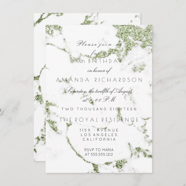 Carrara White Marble Mint Green Glitter Birthday Invitation (Front/Back)