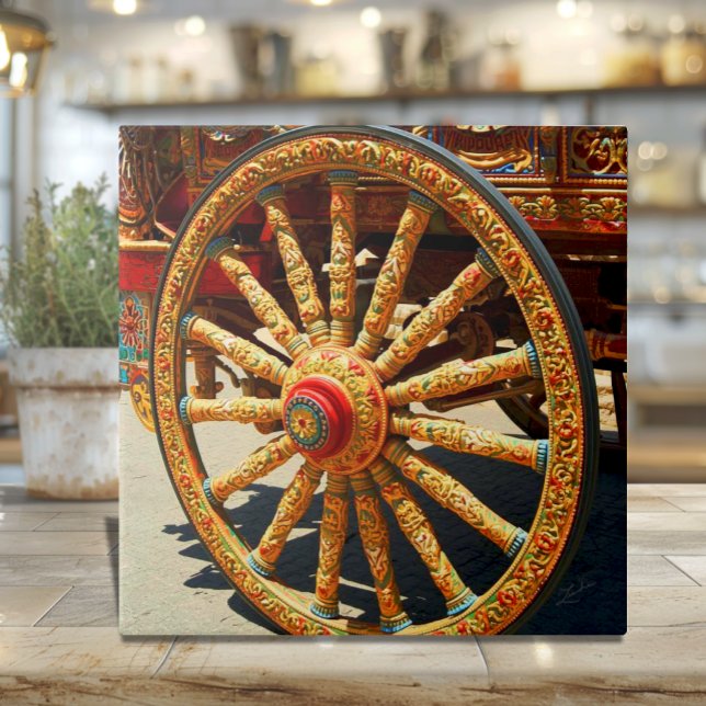 Carretto Siciliano Wheel Sicilian Heritage Tile (Colorful Wheel of the Carretto Siciliano Ceramic tile - Sicilian Heritage Sicily gift)