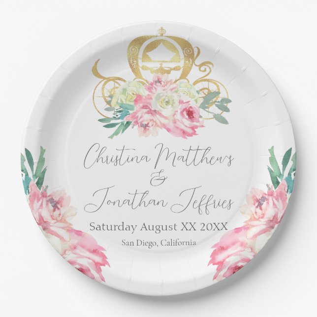 Carriage and Pink Flowers Fairy Tale Wedding Paper Plate (Front)
