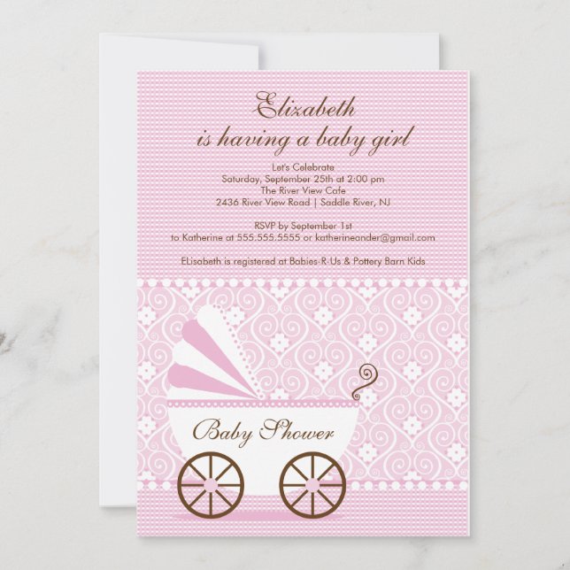 Carriage Baby Shower Invitation Pink Baby Girl (Front)