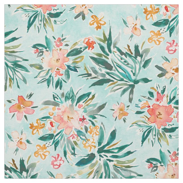 CARRIED AWAY Tropical Aqua Peach Watercolor Floral Fabric (Swatch)