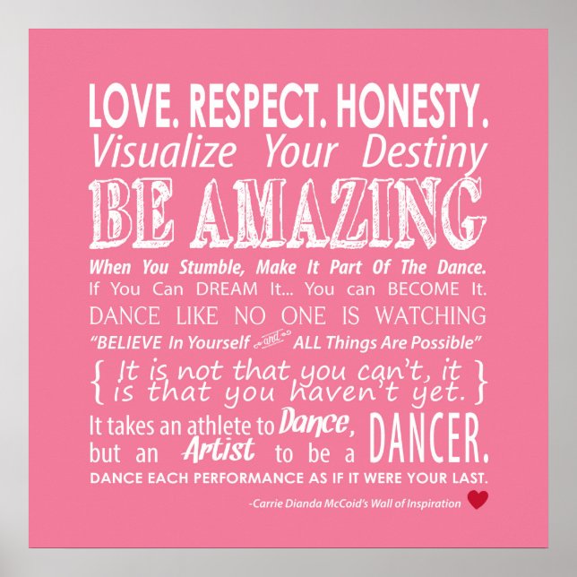 Carrie's Wall of Inspirational Dance Quotes- Pink Poster (Front)