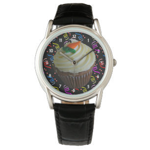 Carrot Cake Cupcake & Confetti Black Leather Watch