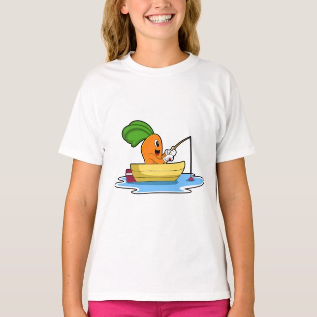 Carrot in Boat at Fishing with Fishing rod T-Shirt (Front)