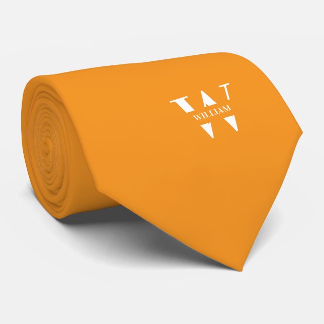 Carrot Orange Colour Elegant Monogram + Name  Tie (Rolled)