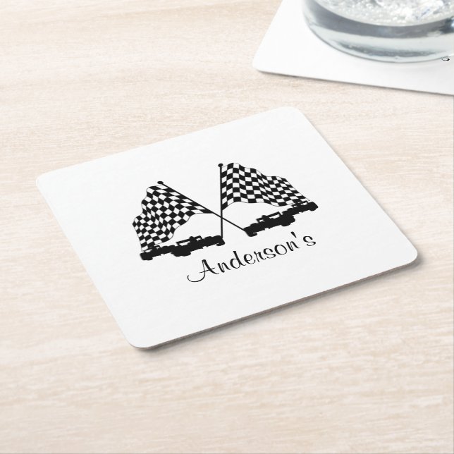 Cars and Chequered Flag Race Personal Square Paper Coaster (Angled)