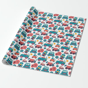 Cars and Trucks and Blue Flowers Wrapping Paper