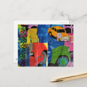 Cars Bikes and Trucks mixed media collage  Postcard