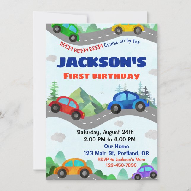 Cars birthday invitation Boy Transportation invite (Front)