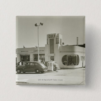 Cars parked at gas station 15 cm square badge