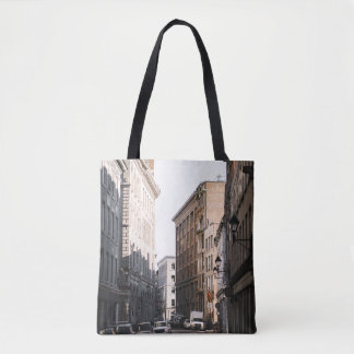 CARS PARKED ON SIDE OF THE ROAD IN BETWEEN BUILDIN TOTE BAG