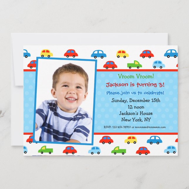 Cars Truck Photo Birthday Party Invitation boy (Front)