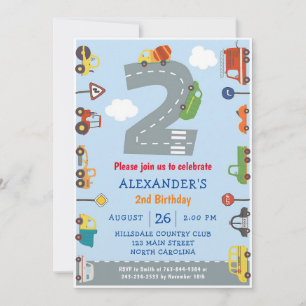Cars & Trucks 2nd Birthday Boy Invite